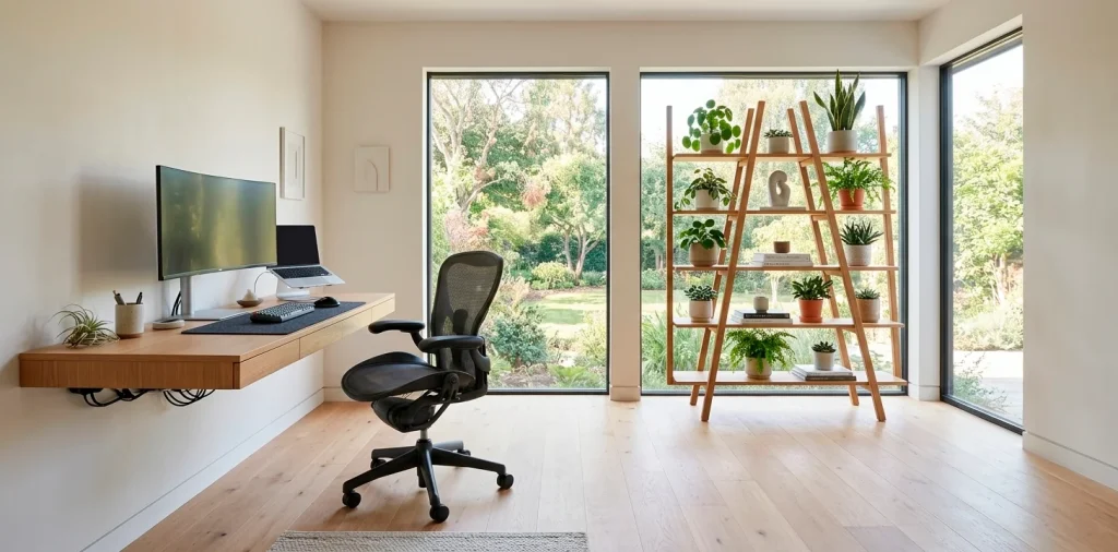A wide, sun-drenched modern home office featuring space-saving furniture and organized minimalist decor.