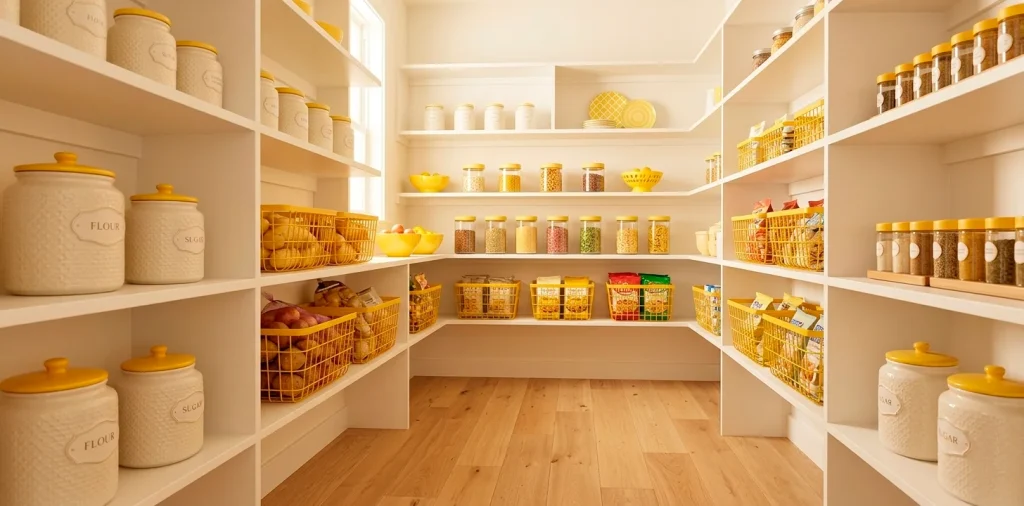 Organized small pantry with bright sunshine yellow baskets and jars on white shelves, high-end interior.