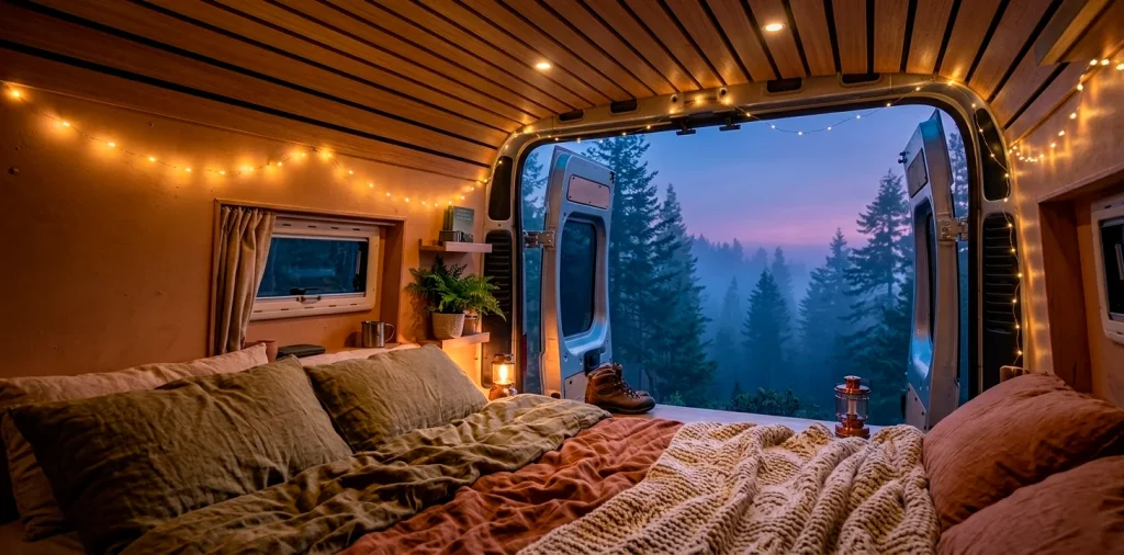 Cozy van life interior sleep sanctuary with linen bedding and forest view at dusk.