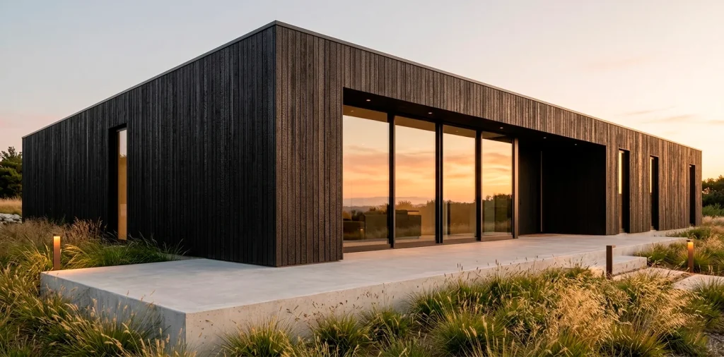 Modern home with black charred Shou Sugi Ban wood siding and large windows at sunset.