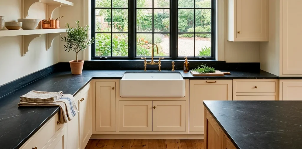 Wide shot of a luxury farmhouse kitchen sink with brass bridge faucet and natural morning light.
