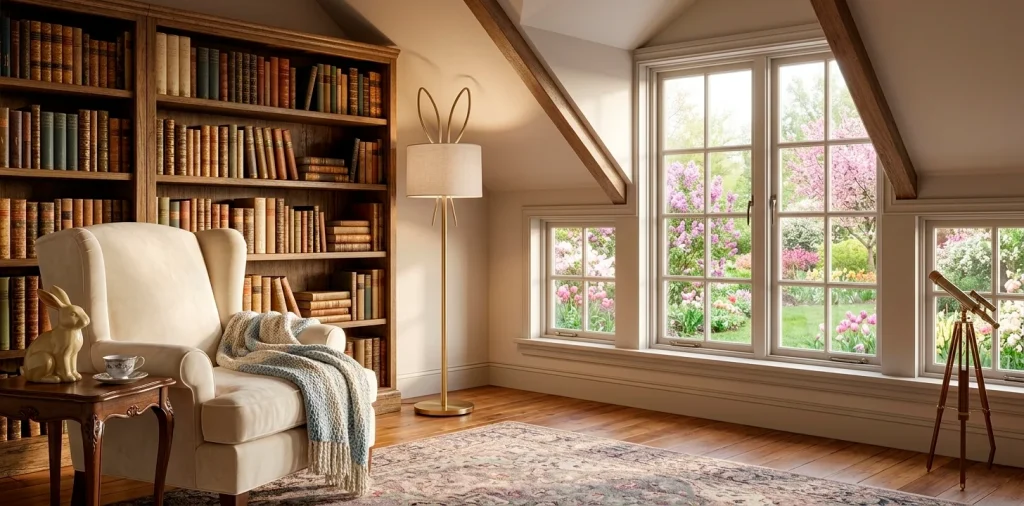 Cozy Easter reading nook featuring bunny-themed decor and a plush armchair in a sunlit room.
