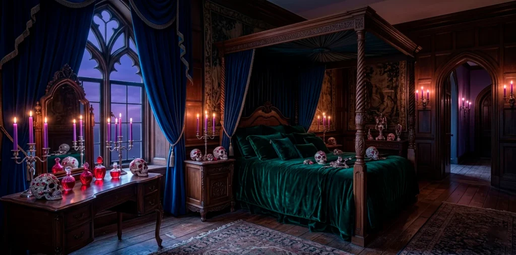 Luxurious gothic bedroom with emerald velvet bedding and jewel-toned Halloween decorations at night.