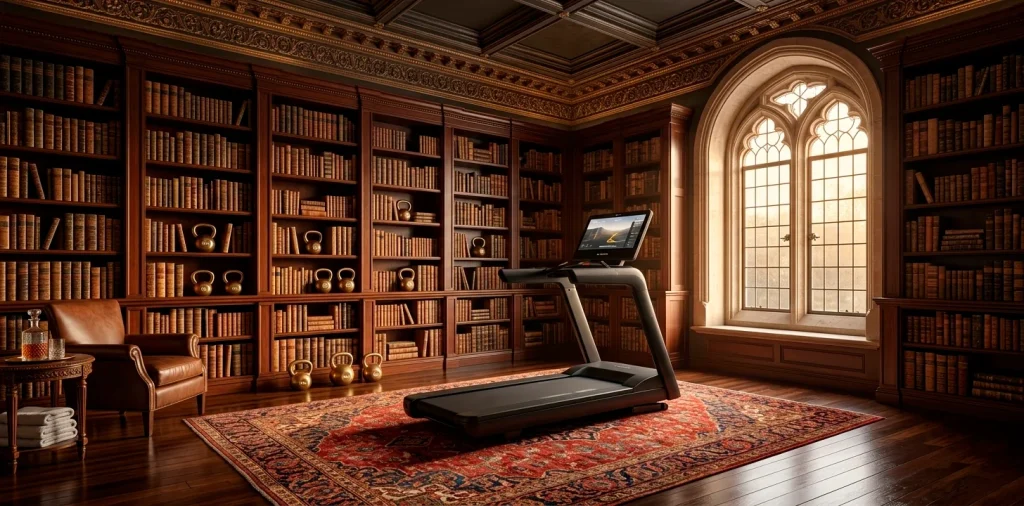 Sophisticated home gym blending a modern treadmill with a vintage library and Persian rug.