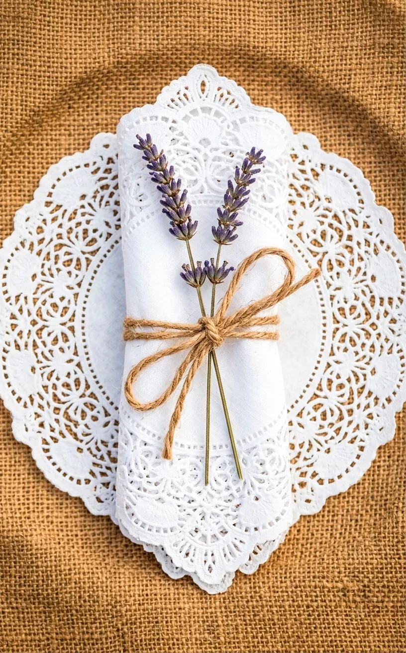 Close-up of a wedding place setting featuring lace, burlap, and lavender accents.