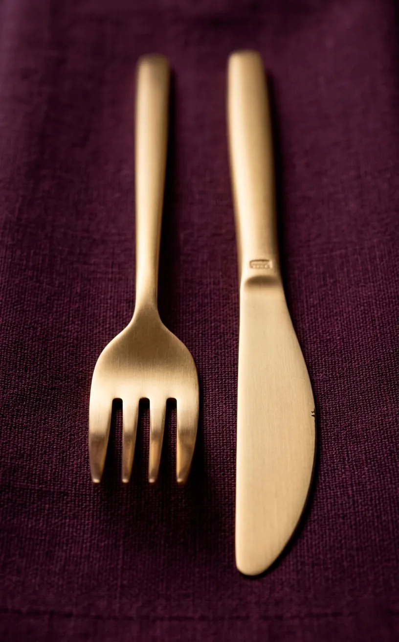 Slim gold cutlery on a matte plum napkin with modern styling.