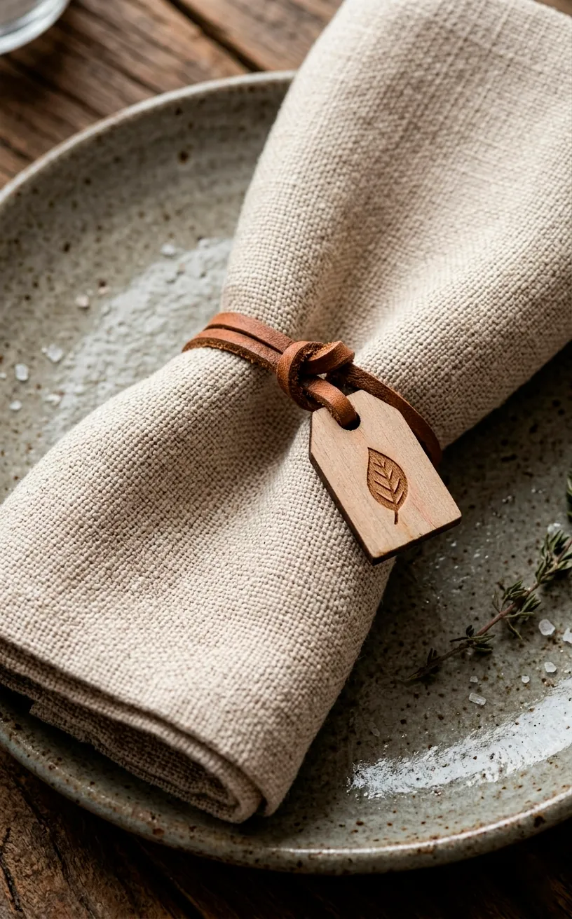 Close-up of a linen napkin with a leather tie and wooden tag on a ceramic plate.