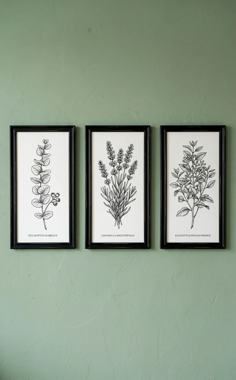 Three framed botanical sketches of eucalyptus and lavender on a sage green textured wall.