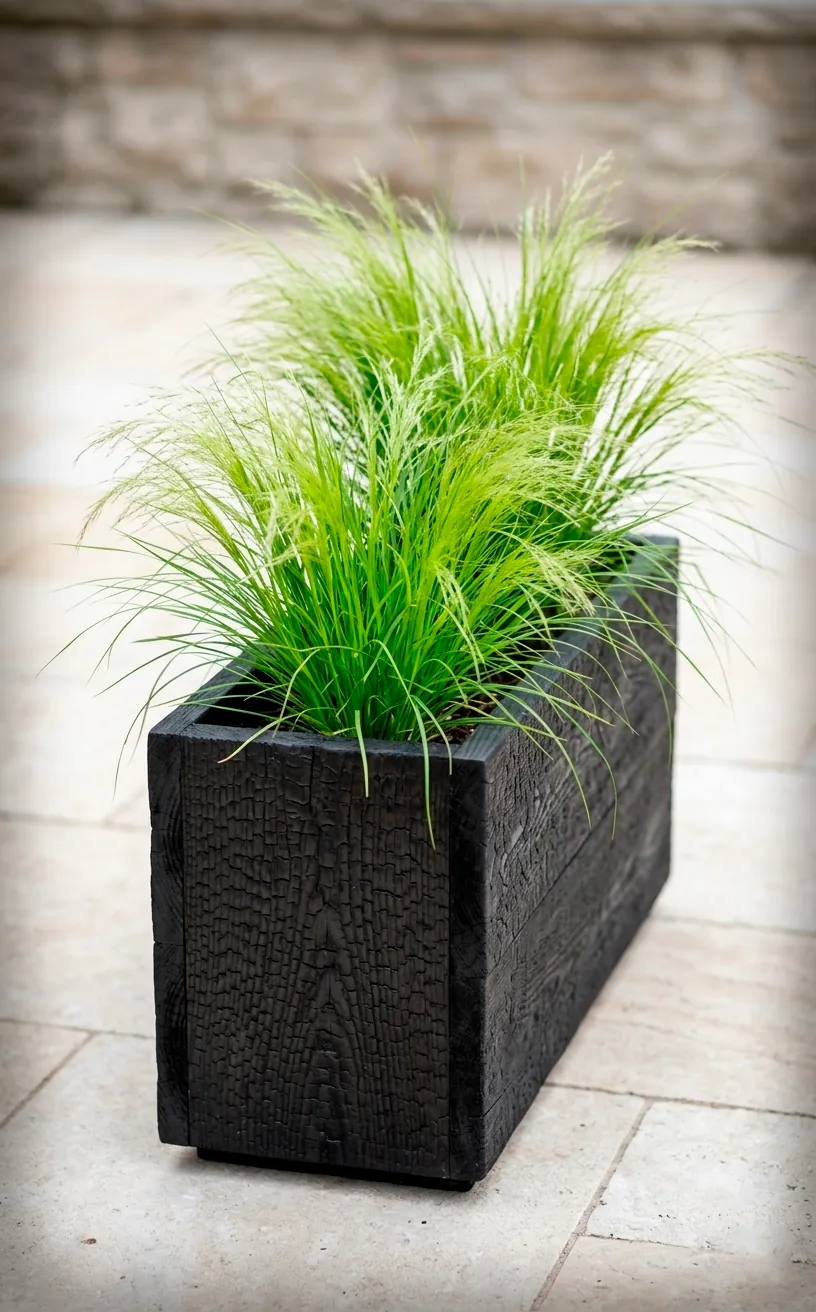 Black charred wood planter box with green grasses on a stone patio.