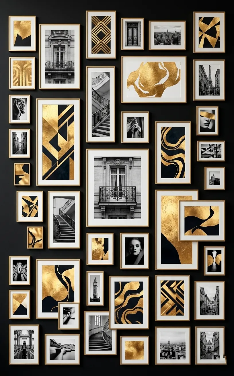 A gallery wall with various brass frames and gold foil art on a black living room wall.