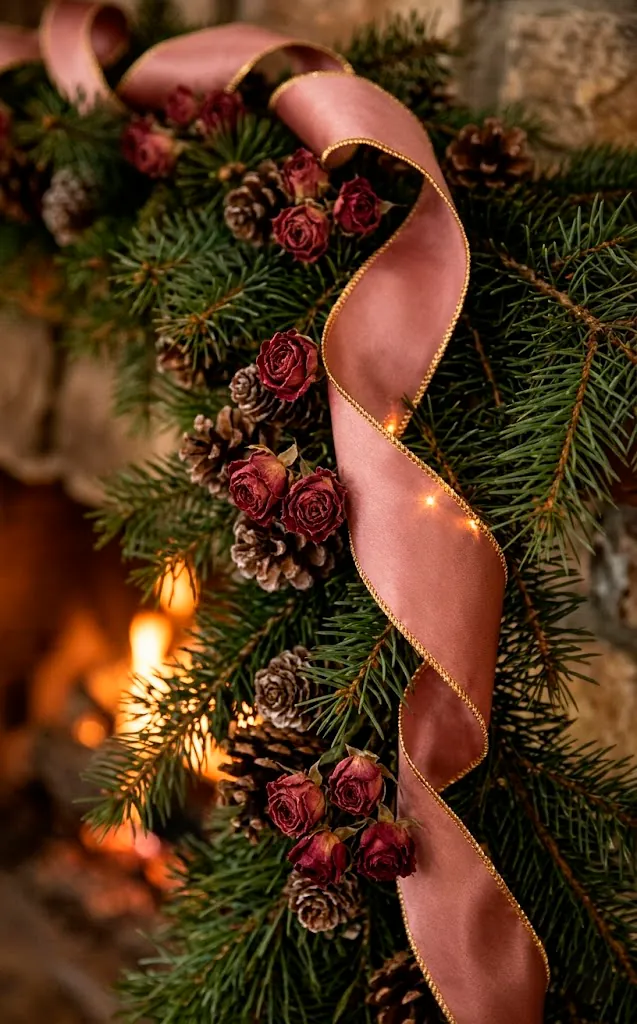 Dusty rose silk ribbon with gold edges woven into Christmas pine branches.