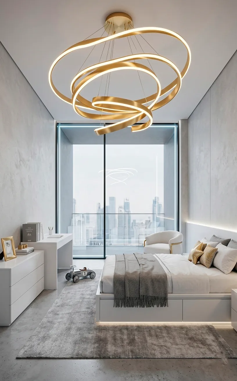 Modern gold ribbon swirl chandelier in a minimalist luxury child's bedroom.