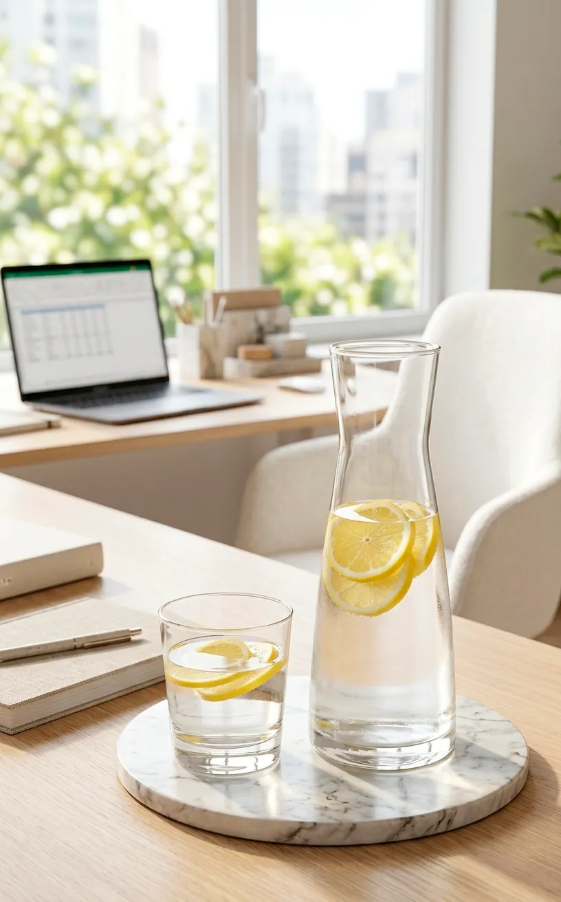 Glass water carafe with lemon and a tumbler on a marble coaster in a summer office.