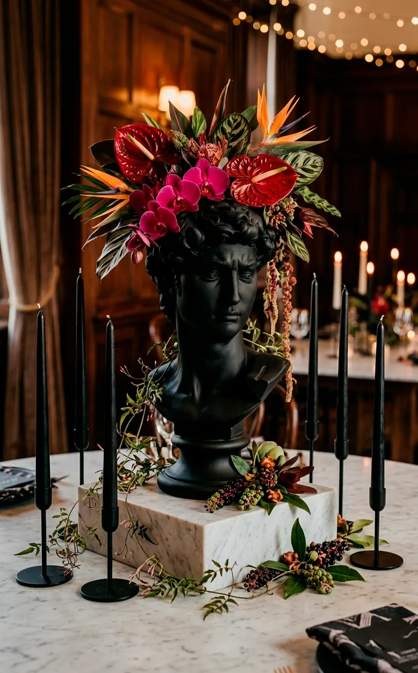Matte black classical statue bust used as a modern wedding centerpiece with flowers.