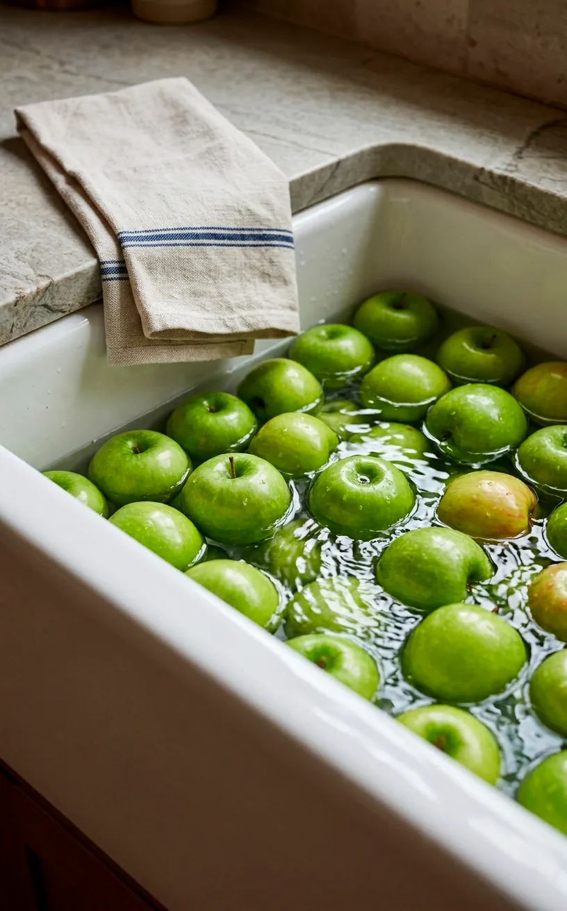 Close up of a white porcelain farmhouse sink with fresh fruit.