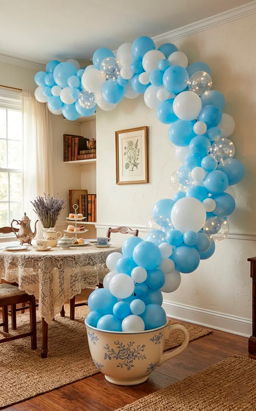 Whimsical balloon arch appearing to pour out of a large vintage teacup prop.