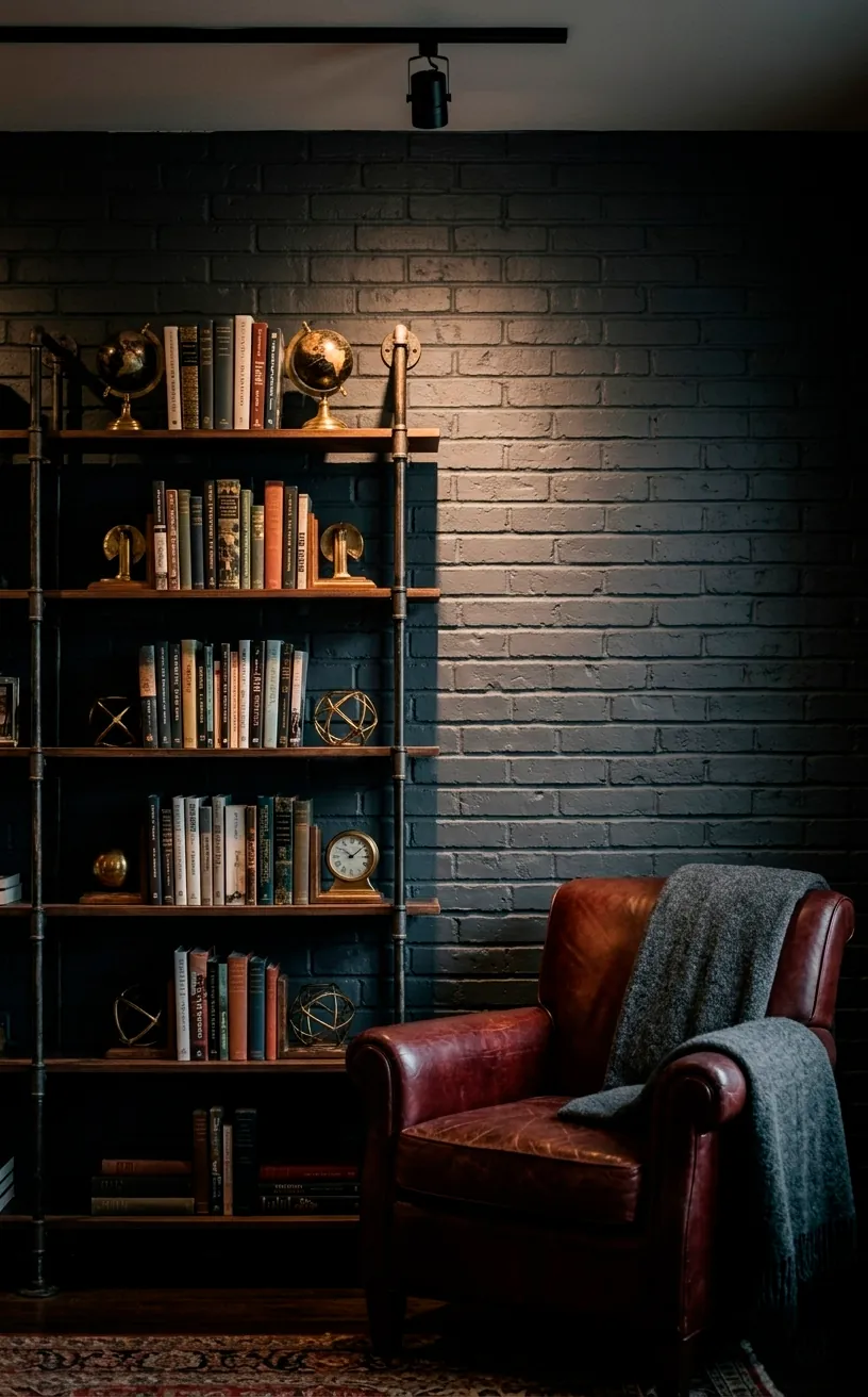 Exposed brick wall painted in matte charcoal gray with industrial decor.