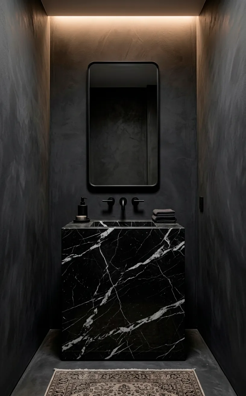 Nero Marquina marble pedestal sink in a dark, luxurious bathroom.