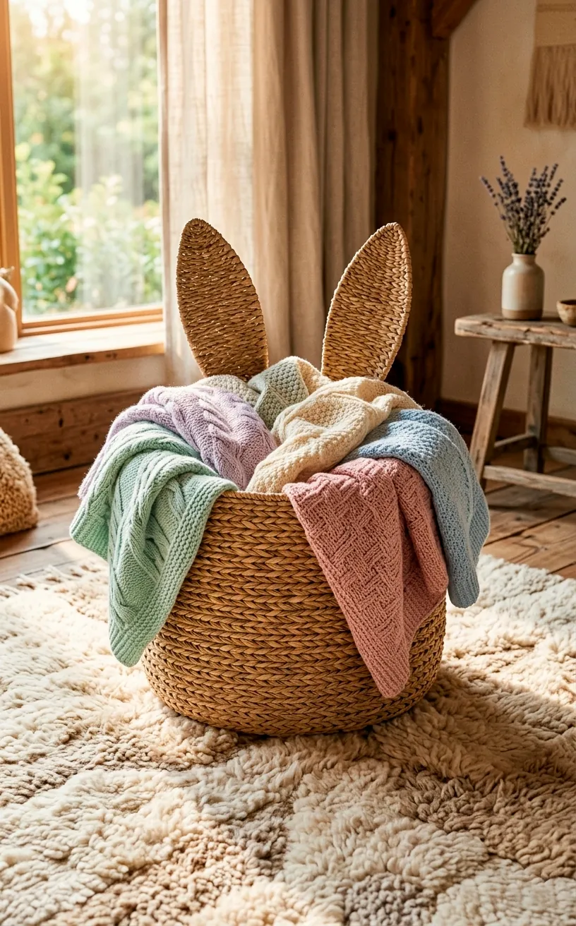 Woven seagrass bunny basket filled with blankets in a sunlit corner.