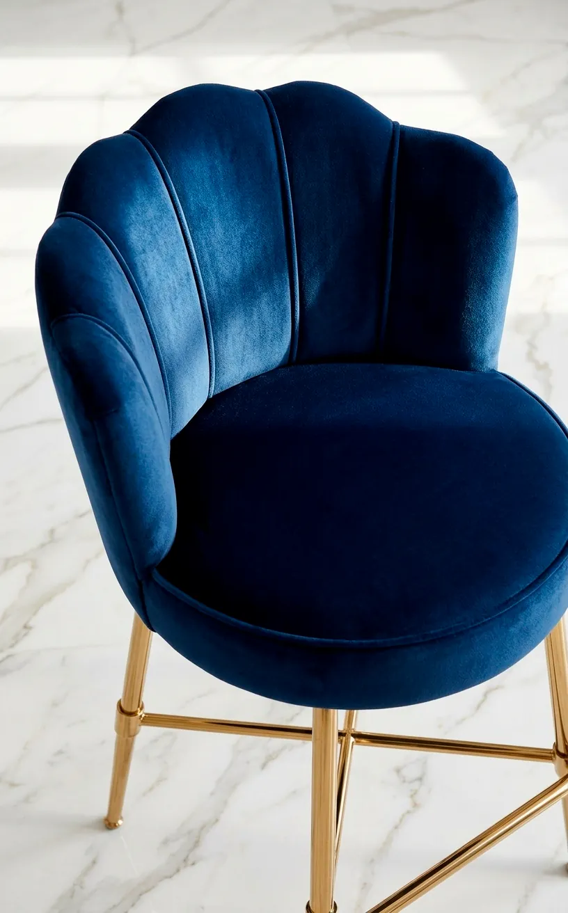 Navy blue velvet vanity stool with scalloped back on marble floor.