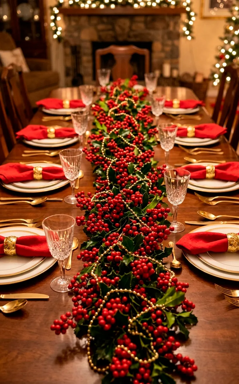 Red holly berry garland with gold beads running down the center of a dining table.