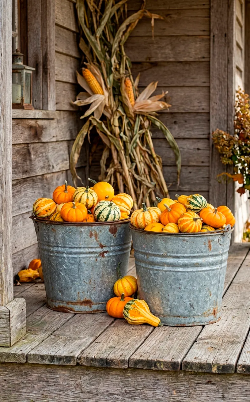 Galvanized metal buckets filled with mini pumpkins and gourds on a wooden porch.