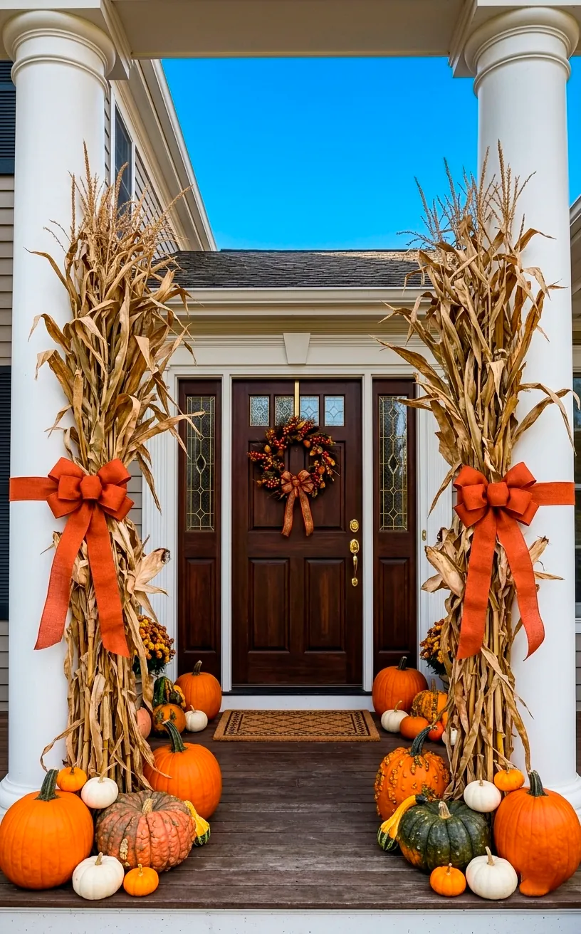 Tall dried corn stalks tied to porch columns with orange ribbons.