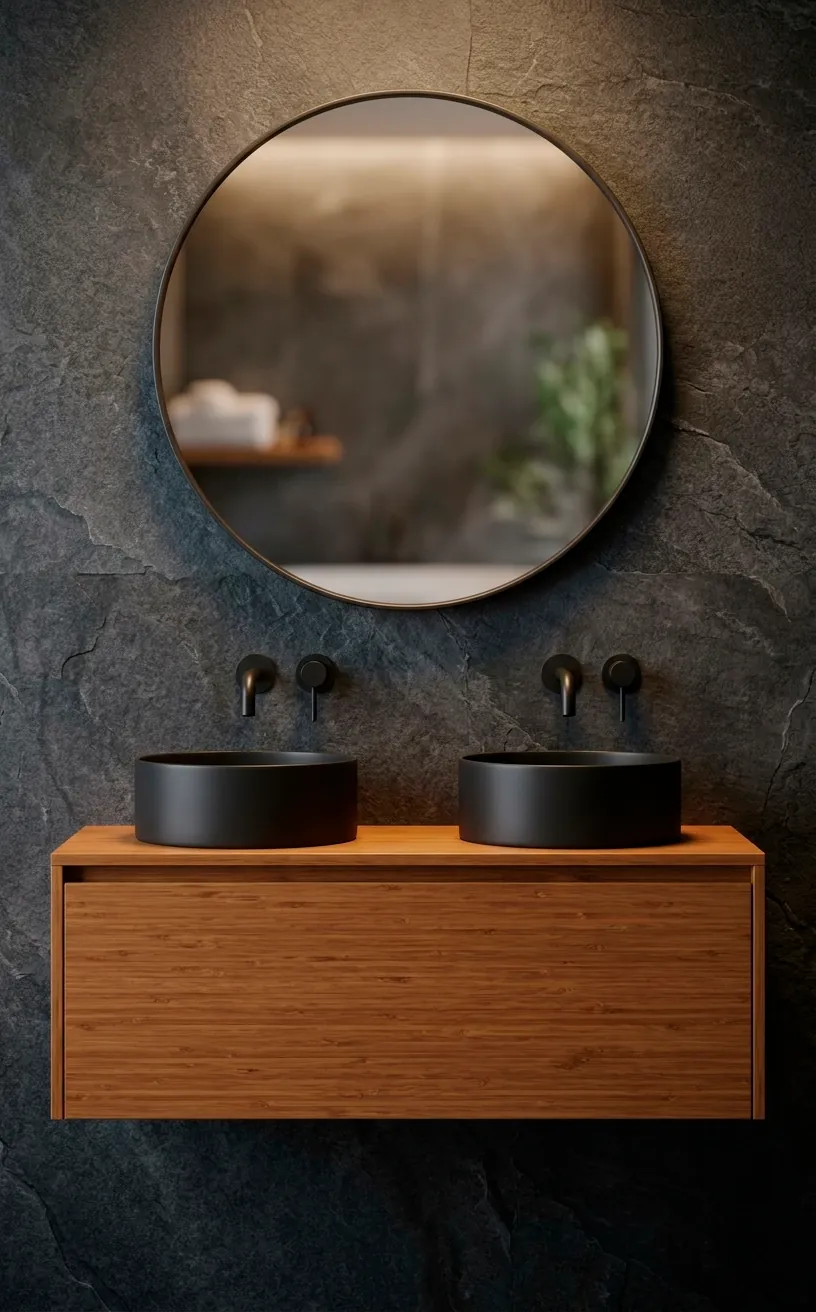 Floating bamboo bathroom vanity with black vessel sinks and a dark charcoal slate backsplash.