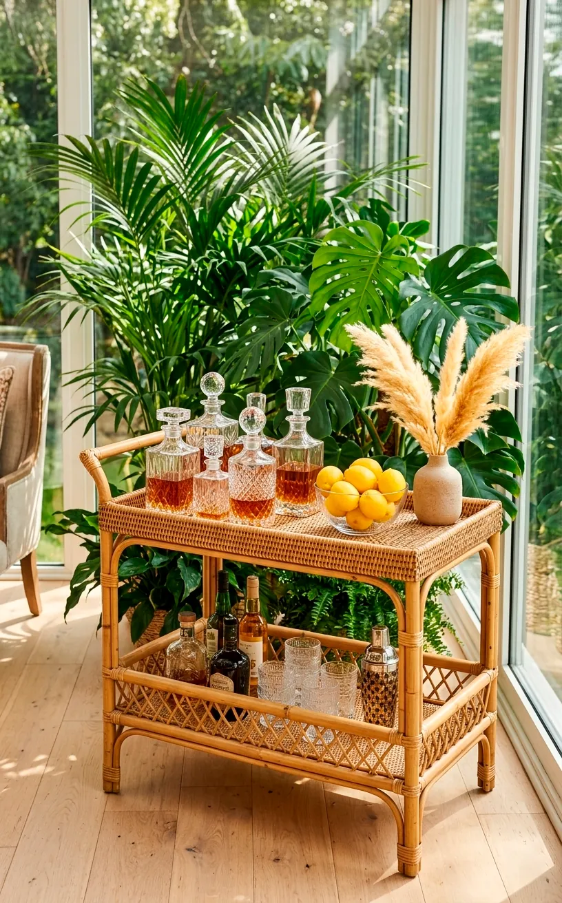 A stylish rattan bar cart with glass bottles and boho decor in a bright sun-filled room.
