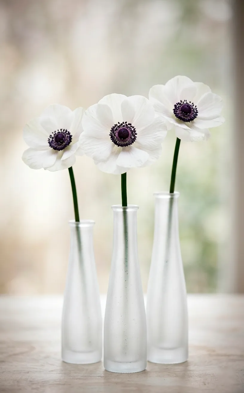 Simple bud vases with single anemone flowers for modern wedding decor.