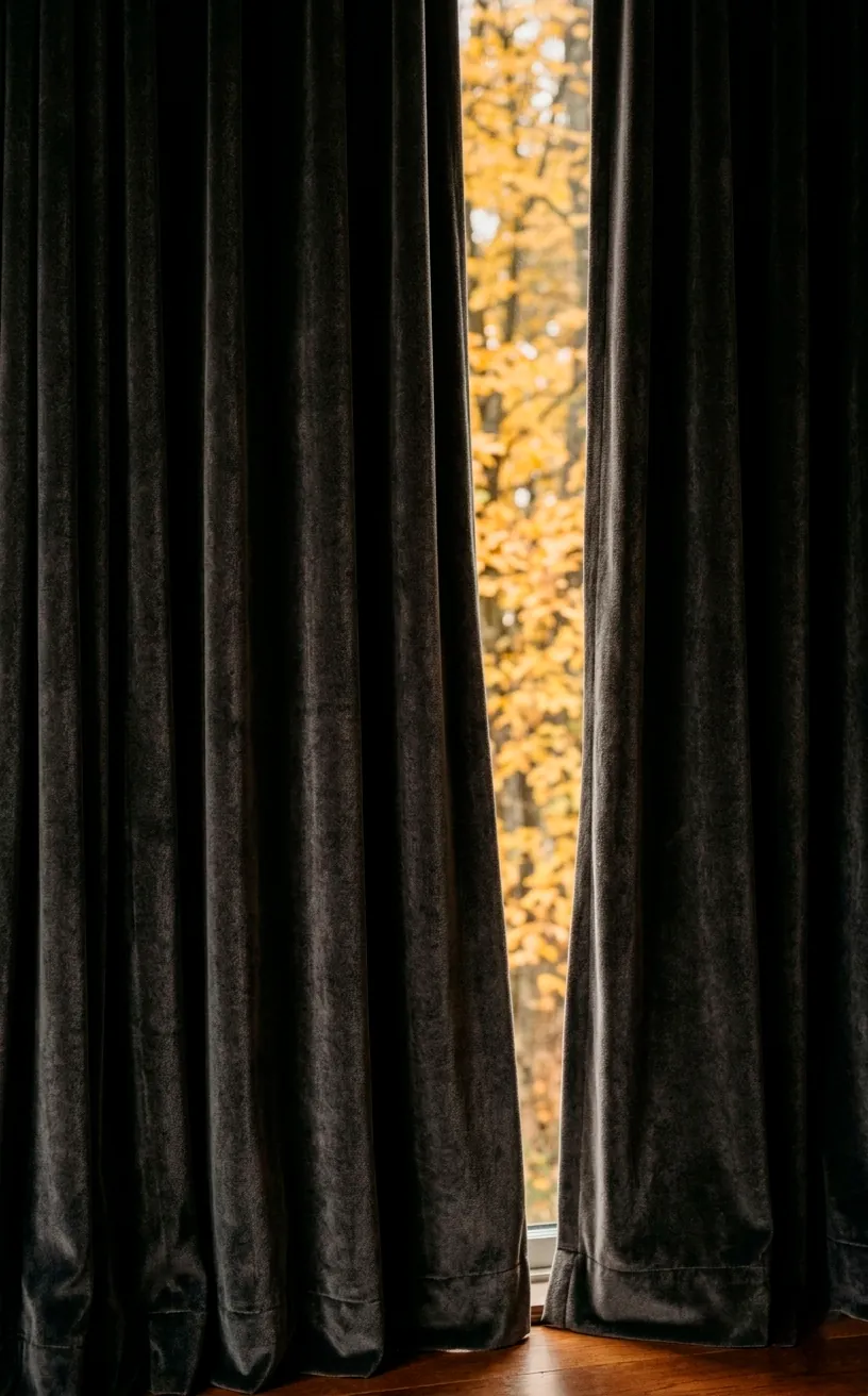 Detailed view of heavy charcoal velvet curtains with rich fabric texture and soft folds.