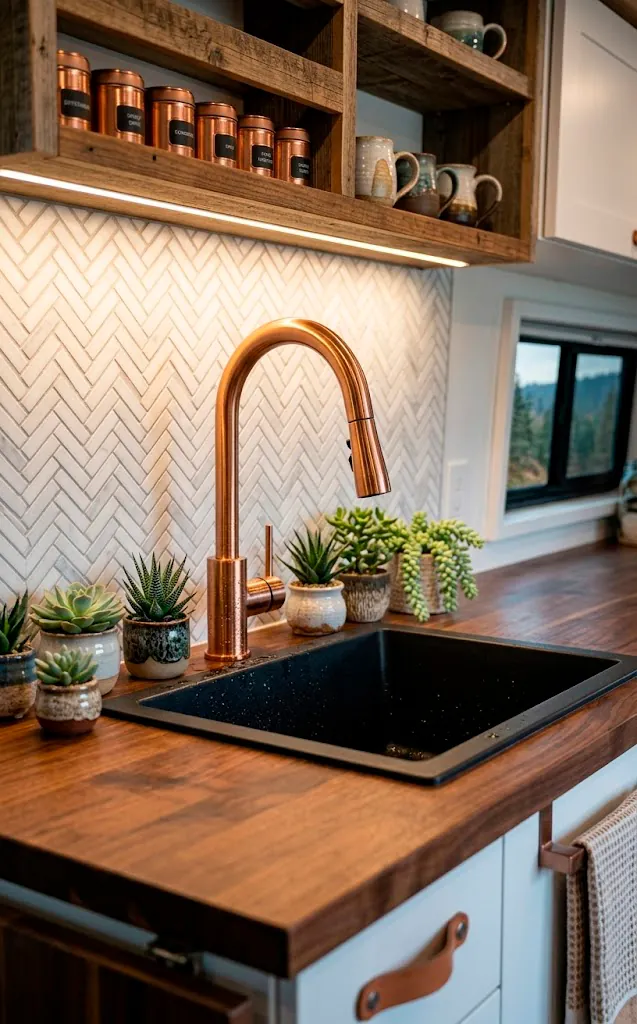 Elegant copper gooseneck faucet in a modern DIY camper van kitchen.