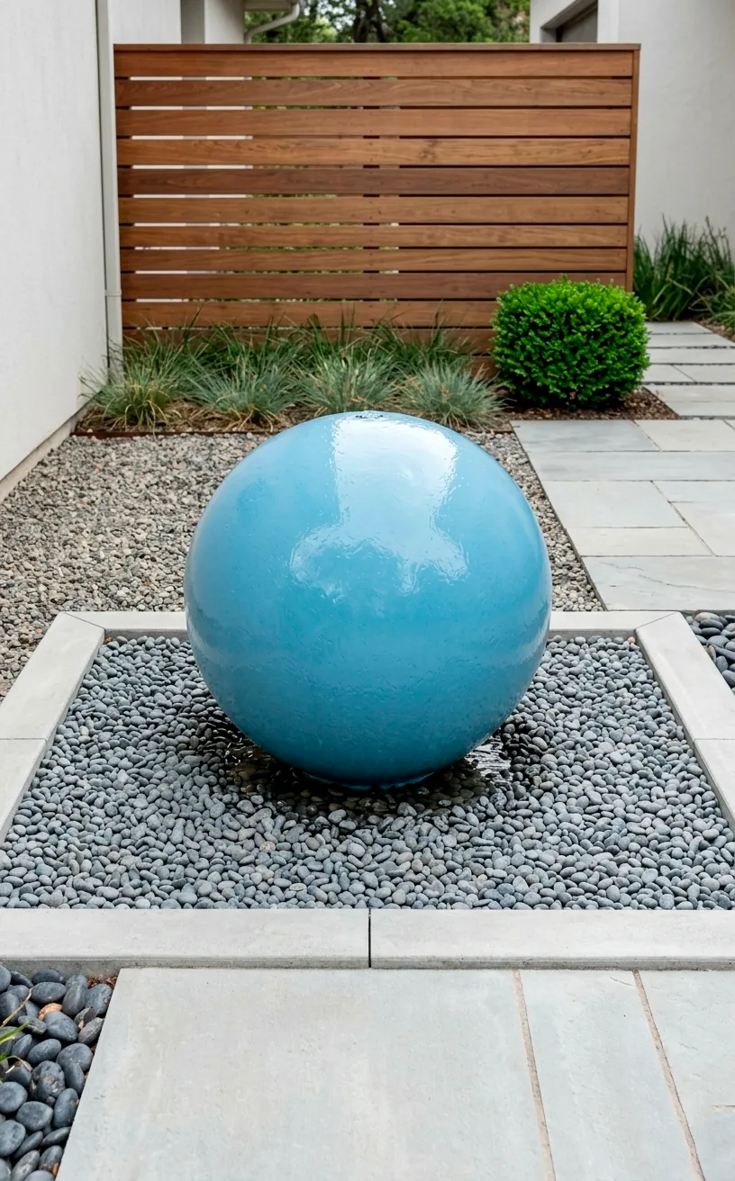 Modern sky blue sphere fountain in a minimalist gravel garden bed.
