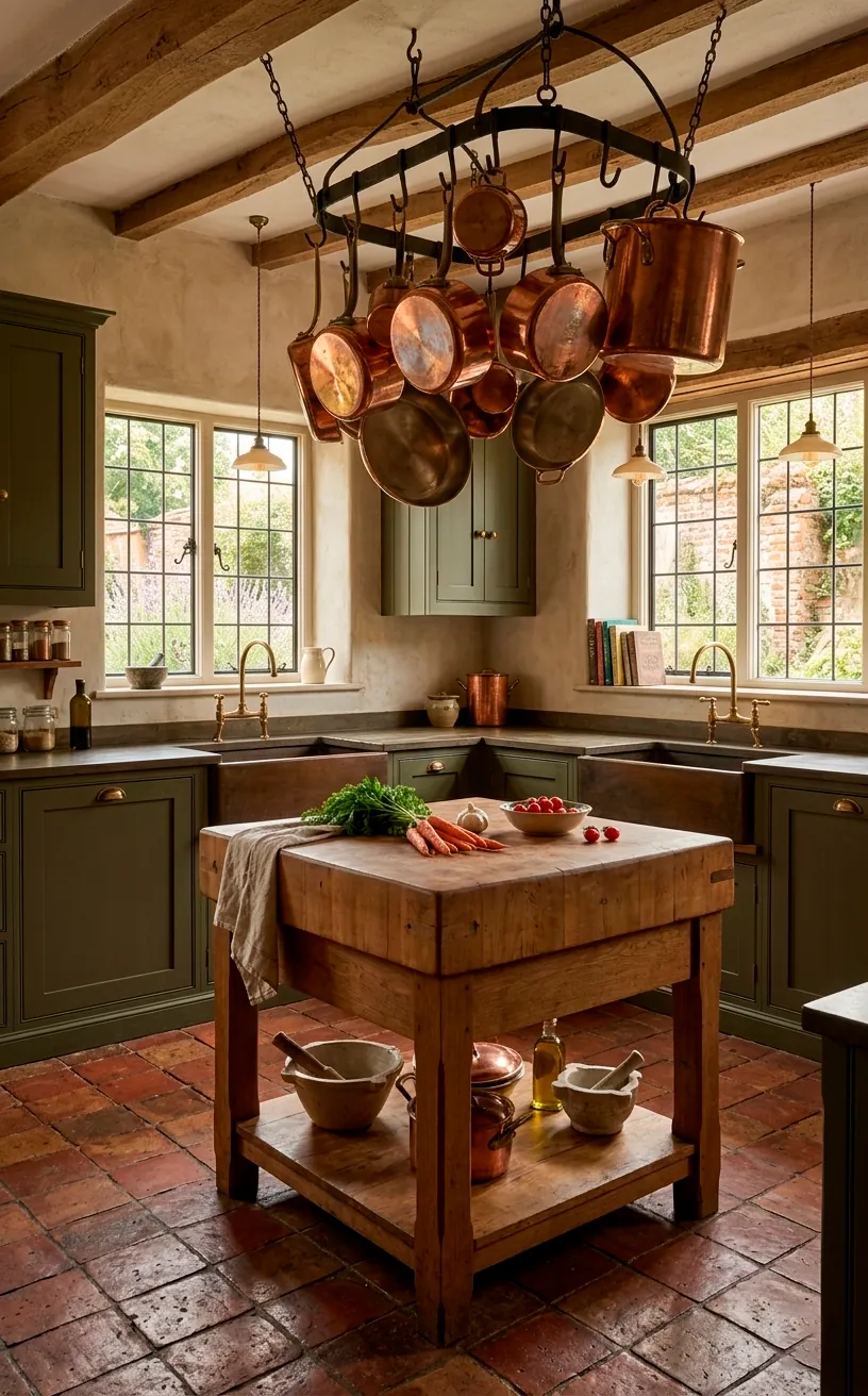 Rustic olive green kitchen with copper cookware hanging from a ceiling rack.