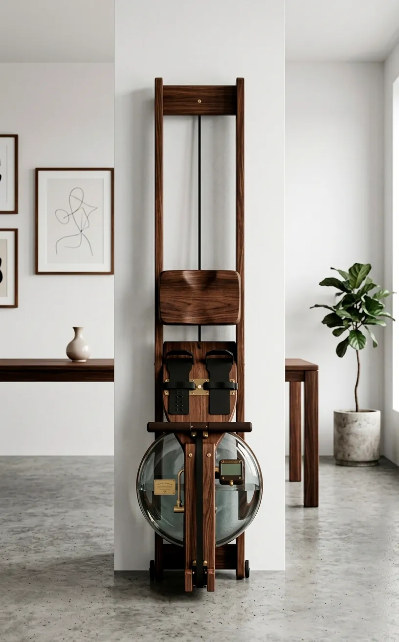 Walnut wood water rower standing vertically as decor in a minimalist living room.
