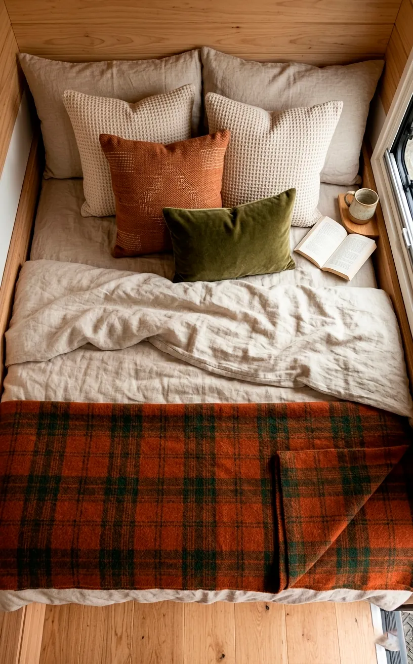 Layered linen bedding and wool blankets on a van bed.