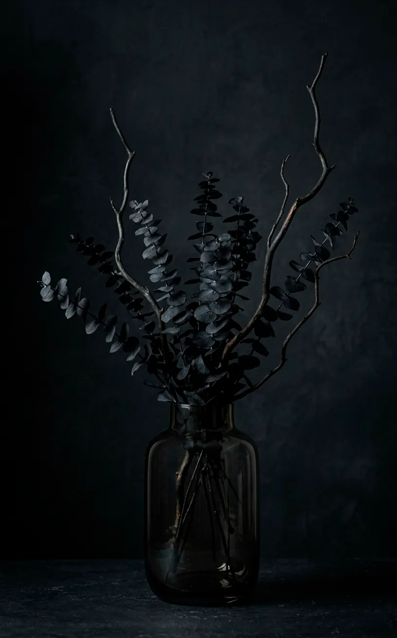 Minimalist centerpiece with dried black eucalyptus and branches in a glass vase.