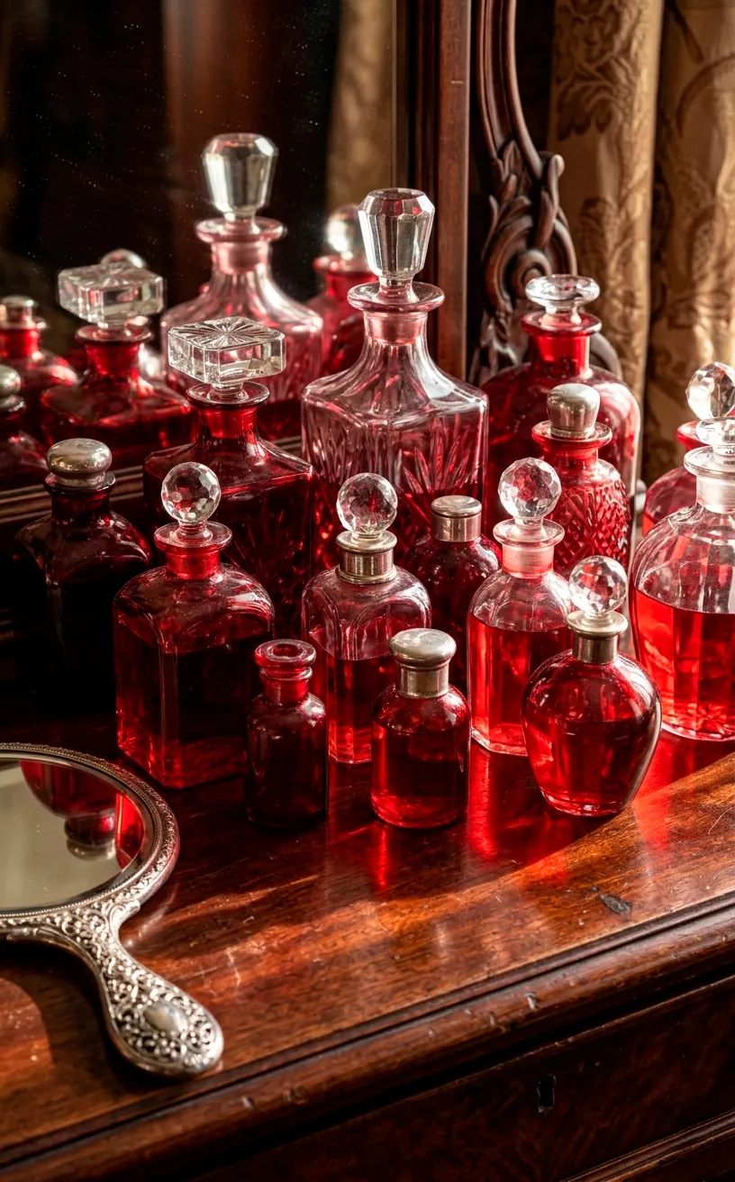 Ruby red glass potion bottles on a dark vanity with red light reflections.