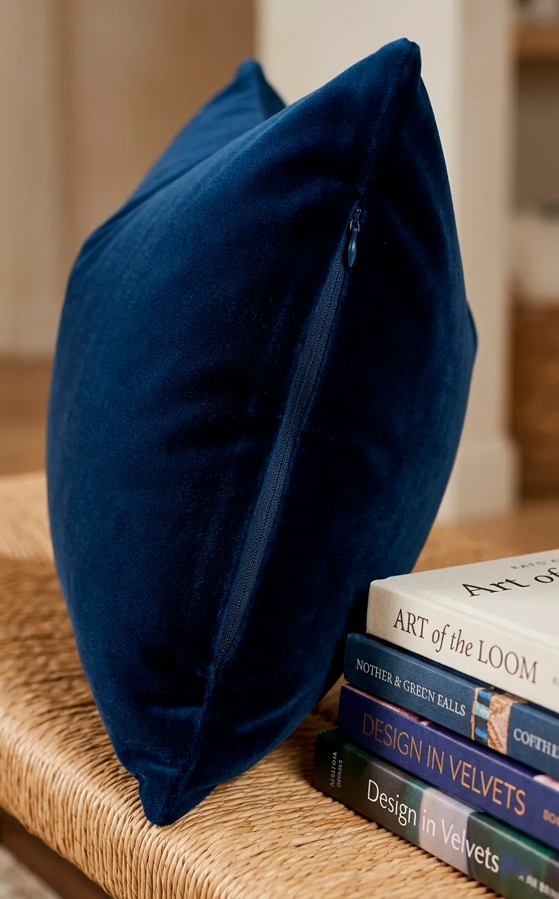 Rectangular navy velvet pillow detail showing smooth fabric and high-quality construction.