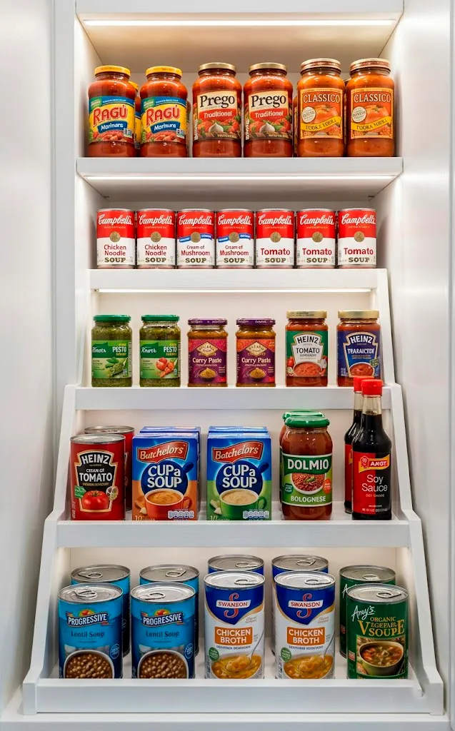 Tiered stadium shelving for canned goods in a modern pantry.