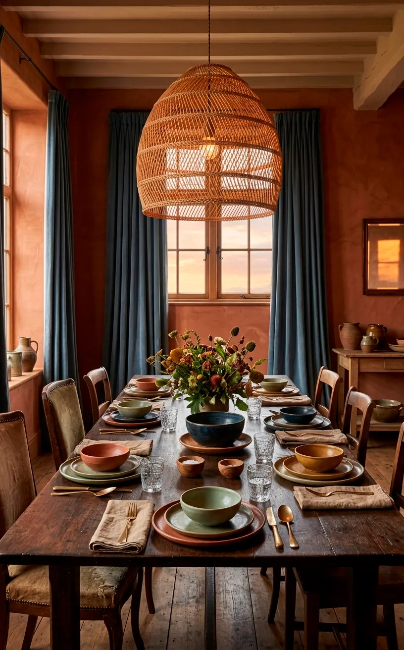 Terracotta walls paired with slate blue curtains in a rustic dining room.