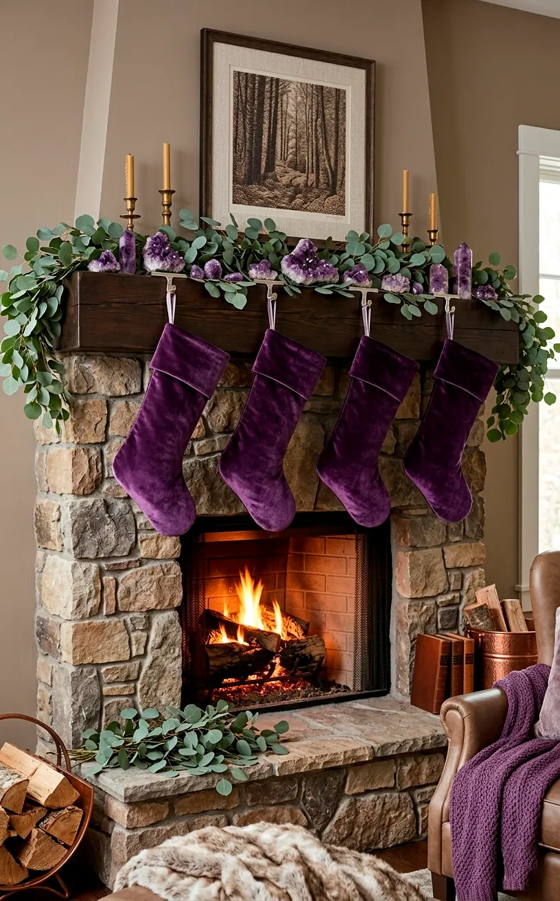 Amethyst purple velvet stockings hanging on a rustic stone fireplace with holiday greenery decorations.