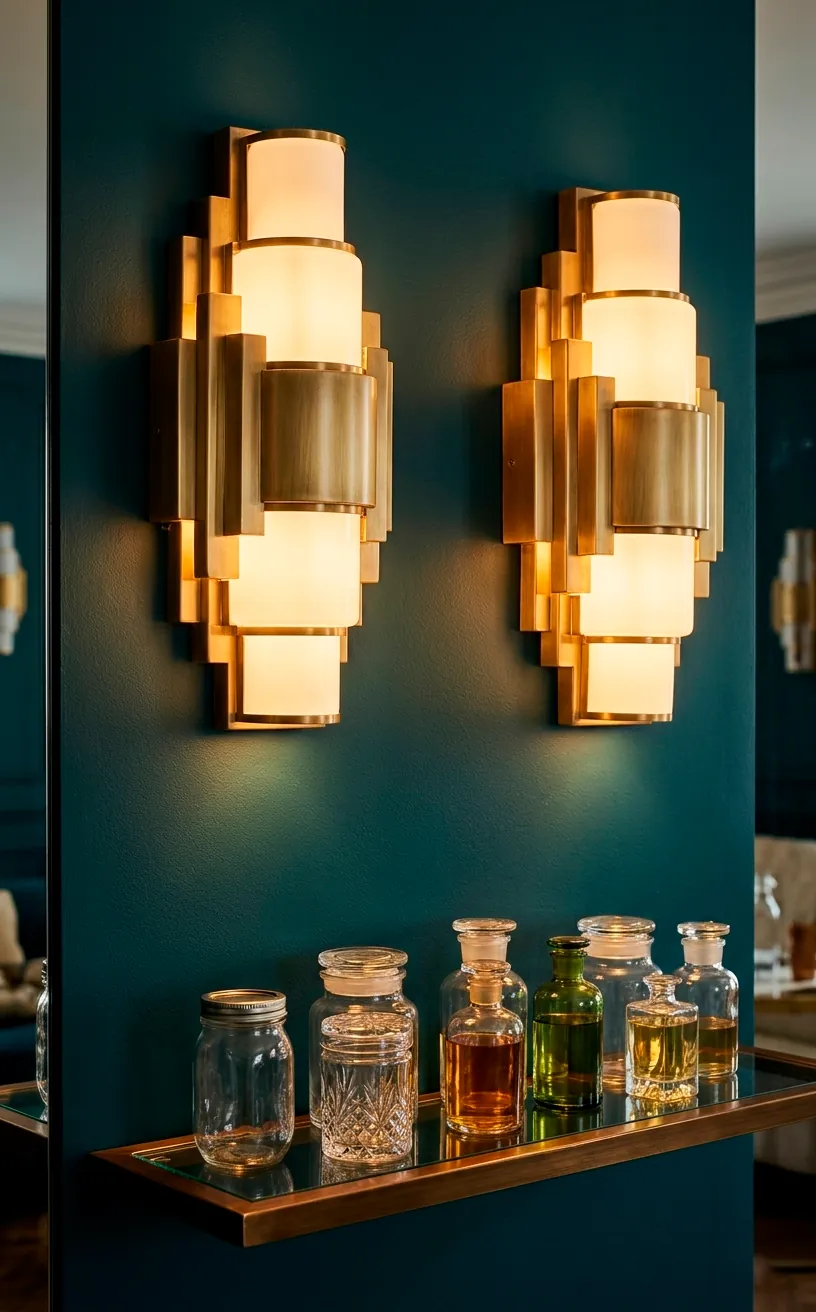 Art Deco brass wall sconces with milk glass globes in a pantry.