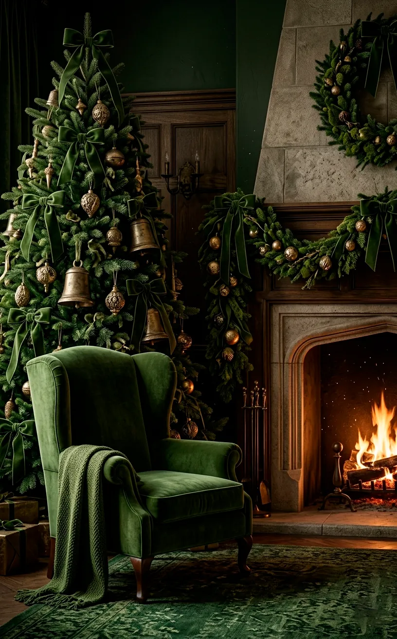 Forest Moss green and antique gold Christmas decor in a traditional living room with a fireplace.