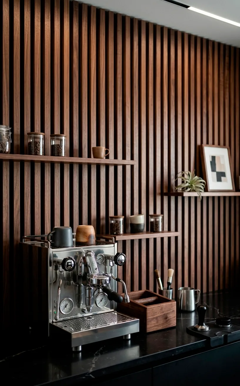 Modern coffee bar with a dark walnut slat wall backsplash and black counters.