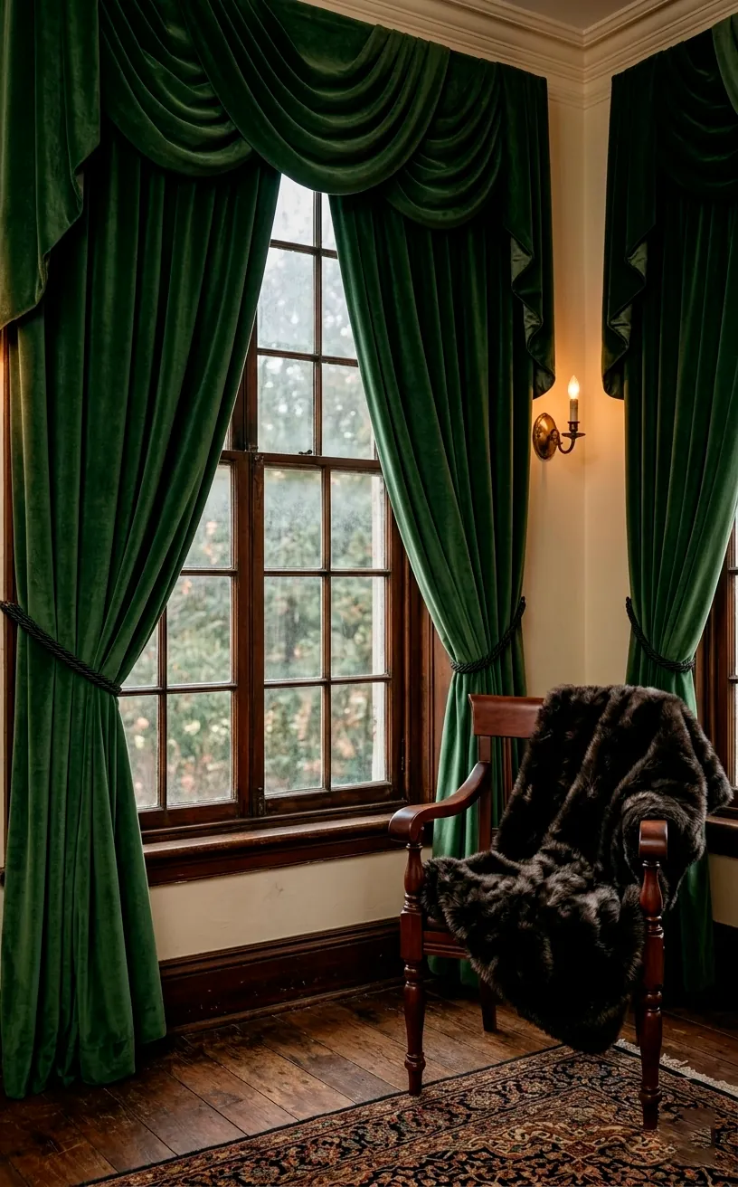 Heavy green velvet curtains and a leather chair with a fur throw.