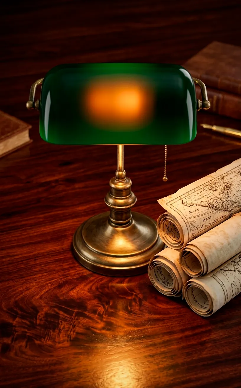 A classic green banker's lamp on a dark wood desk.