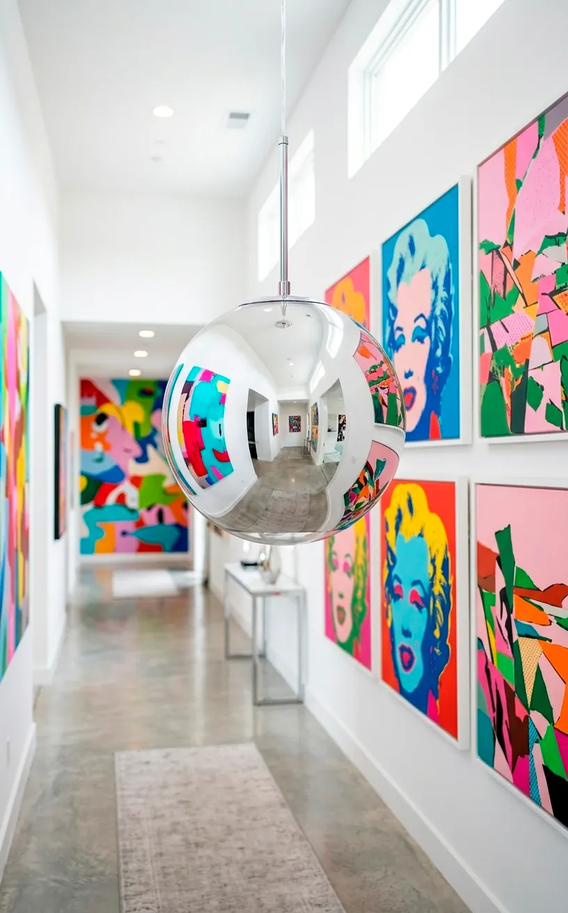 Polished chrome space-age globe light in a bright hallway with colorful art.