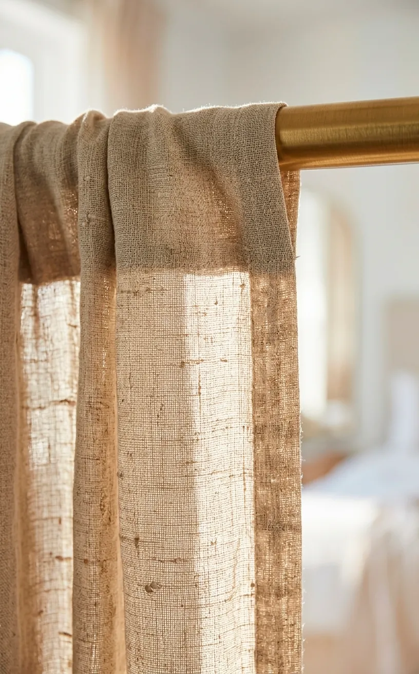 Macro view of sheer linen fabric texture with sunlight glowing through.