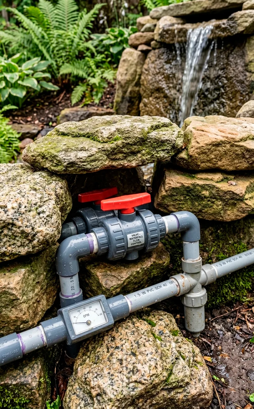 Garden pond plumbing and ball valve control hidden behind rocks.